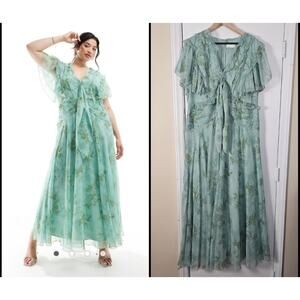 Asos Design Chiffon Fairy Sleeve Maxi Dress in Green Base Floral Print US Sz 14